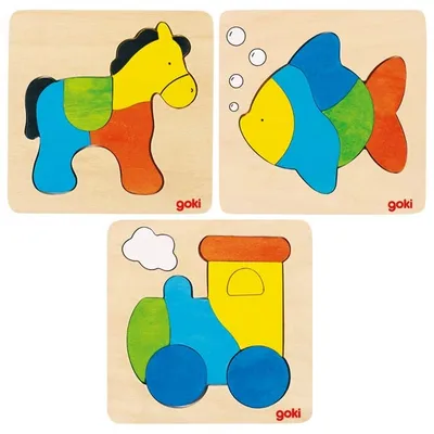 Produktbild von GOKI Gollnest & Kiesel Einlegepuzzle Pferd, Fisch, Lokomotive