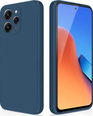 A blue phone case is shown from two angles, one showing the back with the camera cutout and the other showing the front with the screen.