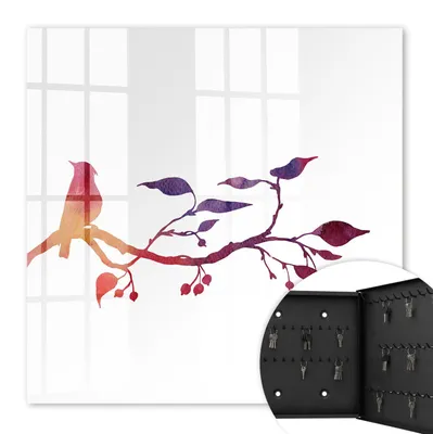 Produktbild von Metall Schlüsselkasten 30 x 30 cm - schwarzer Schlüsselschrank zur Wandmontage - wandhängende Schlüsselbox mit Tür - rechts öffnend - Schlüsselaufbewahrung für Flur - Büro - Arbeitszimmer - Werkstatt - Garage - Ein Ast mit einem Vogel