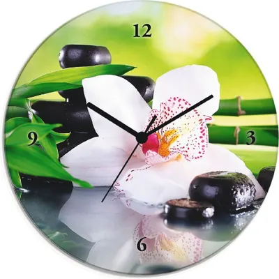 Produktbild von ARTland Glas Wanduhr Funkuhr - schwarzer Zeiger Spa Steine Bambus Zweige Orchidee Größe: 30x30 cm