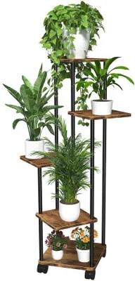 Produktbild von 5-stufige Holzblumenbank mit Rädern, Mehrfachniveaublumenhalter, Innen-/Außenbereich