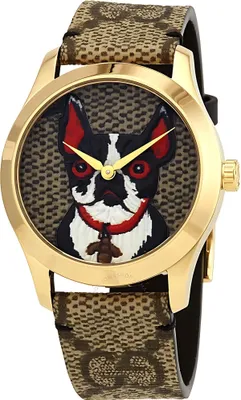 Immagine prodotto di Orologio da polso Gucci G Timeless da donna, in acciaio inossidabile, con cinturino in pelle marrone e dettagli dorati
