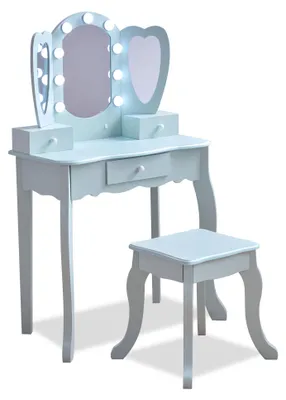 Produktbild von Teamson Kids Herzförmiger Schminktisch mit LED-Licht in Hellblau für Mädchenzimmer, Frisiertisch für Kinder mit Spiegel und Stauraum