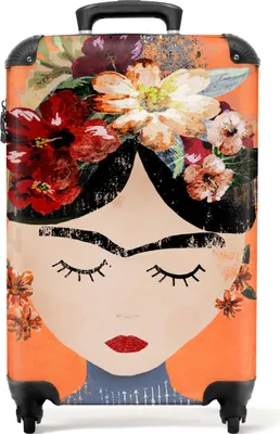 Produktbild von NoBoringSuitcases.com® Koffer Handgepäck Trolley Rollkoffer Kleine Reisekoffer mit 4 Rollen - Porträt - Frida Kahlo - Orange - Frau - Blumen - Cabin Size < 55x40x23 cm & 55x40x20 cm - Fotokoffer - Kabinenkoffer - BoardgepäckHandgepäck Koffer 55x35x20 cm, 36L,