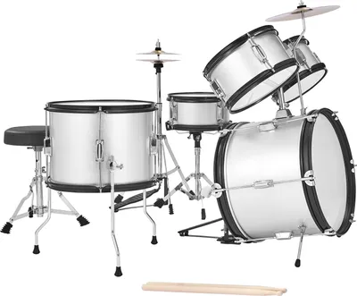 Zdjęcie produktu dla 5-częściowy zestaw perkusyjny SucceBuy z bębnem basowym 40,6 cm, werblem 25,4 cm, tomami 20,3 cm i 25,4 cm, statywem 33 cm, talerzem crash 25,4 cm i hi-hatem 20,3 cm, odpowiedni dla dzieci w wieku 6-13 lat, srebrny
