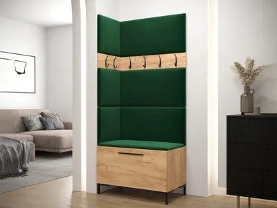 A corner entryway furniture set with a bench, coat hooks, and upholstered panels, placed in a modern home setting.