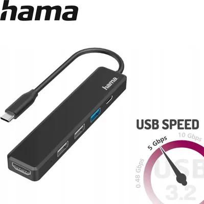 A black USB-C hub with multiple ports and a connected cable, shown on a white background with marketing text and a speed gauge.
