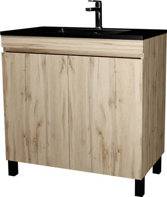 Image de Meuble de salle de bains 80 cm 2 Portes Chêne Naturel + Vasque Céramique Noire - TIMBER