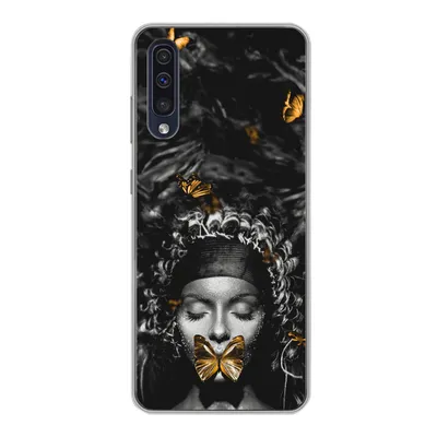 Produktbild von MuchoWow® Handyhülle Schutzhülle Hülle für Samsung Galaxy A30s Frau - Schmetterlinge - Schwarz - Weiß Silikon Softcase Handy Hülle - Karteninhaber