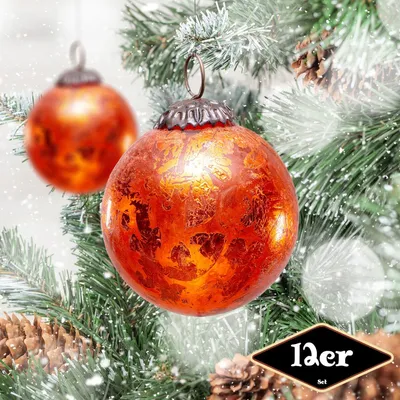 Produktbild von Christbaumkugelset, Rund, 12er Set | Glas, Orange-rot | H8,2xB8,0cm