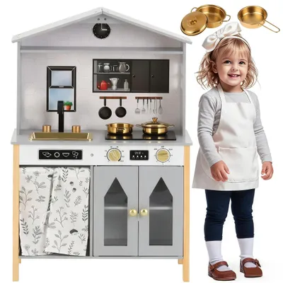 Produktbild von Kinderküche, Spielküche-Kreatives Hausdesign, Zubehör und Überraschungseffekten, geeignet für Kinder ab 3 Jahren,Holz + Kunststoff, Grau, 28.5x60x92cm