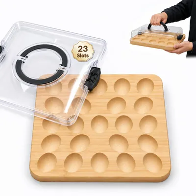 Eierbord für halbe Eier, 22 Fächer, Akazienholz, BPA-frei, mit Deckel