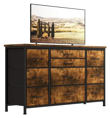 Image de Commode avec 10 tiroirs en tissu et 3 prises, meuble TV, buffet, meuble d'entrée, 121 cm, couleur marron