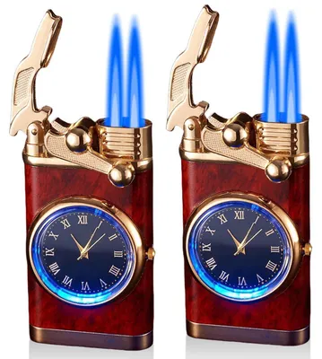 Immagine prodotto di 2 accendini a getto in metallo, con orologio, ricaricabili, antivento, confezione regalo