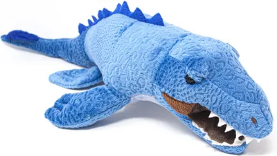 A blue plush toy dinosaur is lying on a white background.