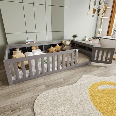 Produktbild von Merax Kinderbett 90x200cm mit Stauraumfächern, Massivholzbett mit Tür und Sicherheitsgittern, Einzelbett mit Lattenrost, Multifunktionales Design,Grau