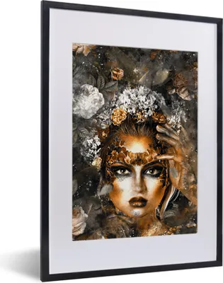 Produktbild von MuchoWow® MuchoWow® Gerahmtes Poster Frauen - Blumen - Gold 30x40 cm - Poster mit zchwarzem Bilderrahmen - Wandposter Schlafzimmer