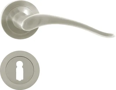 A door handle and a keyhole escutcheon are shown against a white background.