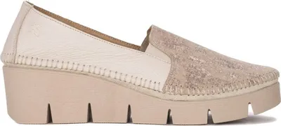 Produktbild von Damen Slipper aus Leder Beige mit Goldglanz, Keilabsatz 5 cm, Plateau 2 cm