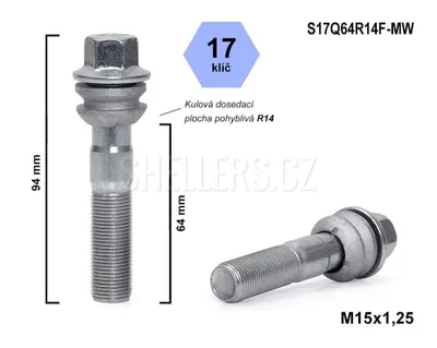 Obrázok produktu pre Skrutka s kolieskom M15x1,25x64, guľôčková skrutka R14, pohyblivé čelo, kľúč 17, S17Q64R14F-MW, výška 94 mm
