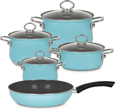 A set of turquoise cookware and a frying pan are displayed against a white background.