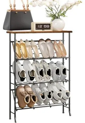 Image de Étagère à chaussures étroite, en métal, 4 niveaux, empilable, noire, 90x60x20 cm