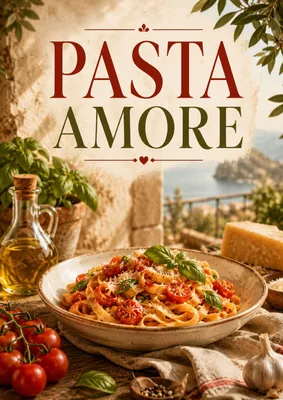 Produktbild von Pasta Amore Poster DIN A2 – Italienisches Küchenposter mit Pasta, Tomaten & Basilikum, matt