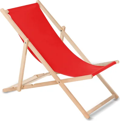 A red canvas deck chair with a wooden frame against a white background.