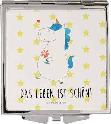 Produktbild von Mr. & Mrs. Panda Quadratischer Spiegel Einhorn Spaziergang - Weiß - Geschenk, Mutter, Klappspiegel, Einhörner, Taschenspiegel, Kosmetikspiegel Klein, Reise, Blumen