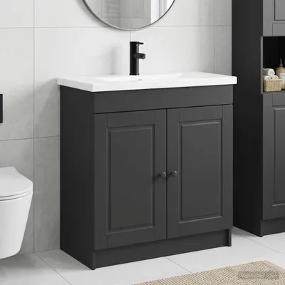 Image de Ensemble de meubles de salle de bain exclusif - Noir - 56 x 37,5 x 81 cm - Fabriqué en panneaux de particules