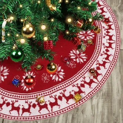 Produktbild von Weihnachtsbaumrock, bordeauxrote, gestrickte Weihnachtsbaumdekorationen mit Schneeflocken und Rentieren, große Weihnachtsbaumfußabdeckungen, festliche und weihnachtliche Dekorationen (120 cm)