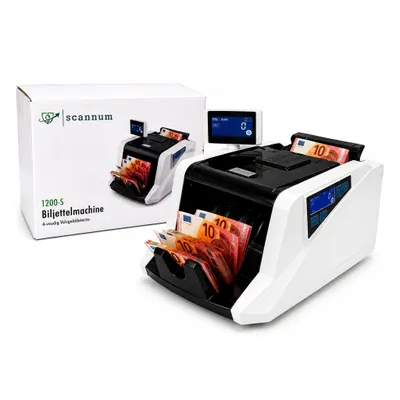 Produktbild von SCANNUM® 1200-S Geldzählmaschine mit Falschgelderkennung – Banknotenzähler 1.000 Scheine/Min – 4-fach Prüfung UV MG IR – Kundendisplay – Geldzähler