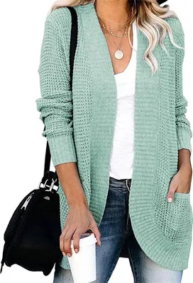 Produktbild von ASKSA Damen lässig Langarm Strickpullover lässigStrickjacke Casual Weicher, Bohnengrün XL
