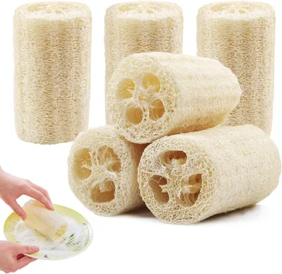 Imagen del producto de Esponja de luffa natural, 10 cm, paquete de 6 unidades, para usar en la ducha y la cocina