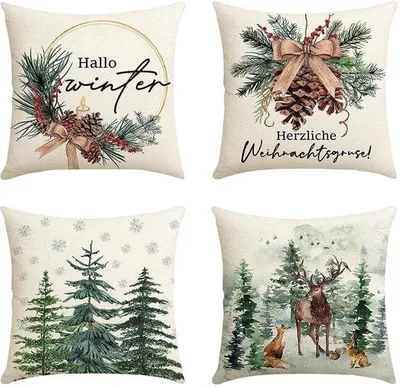 Produktbild von Unyqoos® 4er-Set weihnachtliche Kissenhüllen 45 x 45 cm – dekorative, maschinenwaschbare Kissenbezüge aus hochwertigem Imitationsleinen für Wohnzimmer & Auto