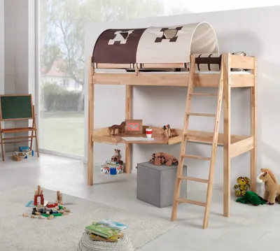 Produktbild von Hochbett Renate Buche Massiv Natur lackiert mit Schreibtisch und Textilset