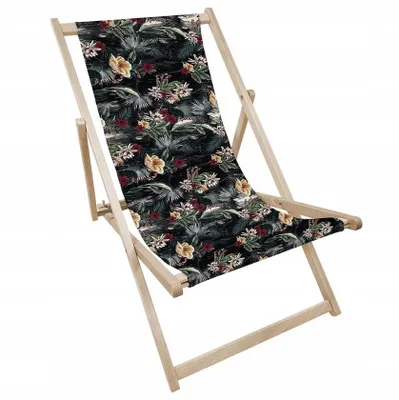 Produktbild von Liegestuhl klappbar aus Holz mit dunklem Blumenmotiv – Klappstuhl Klappliege Sonnenstuhl Strandstuhl Gartenliege