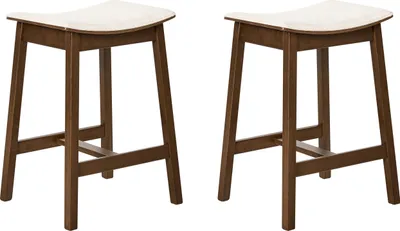 Produktbild von BELIANI Barhocker 2er Set Dunkelbraun u. Cremeweiß Gummibaumholz Gepolstert mit Lehne Fußstützen ohne Armlehnen Wohnzimmer Küche Bar Wohnküche