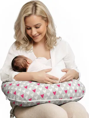 Image de Petit coussin croissant pour l'allaitement - cœurs roses