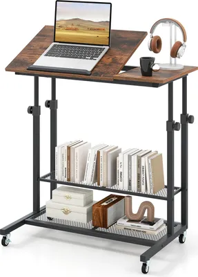 Immagine prodotto di COSTWAY Tavolo da letto su rotelle, regolabile in altezza, tavolo da infermiere con piano, ripiano e protezione per i bordi, tavolo per laptop a C, tavolino 80 x 40 cm