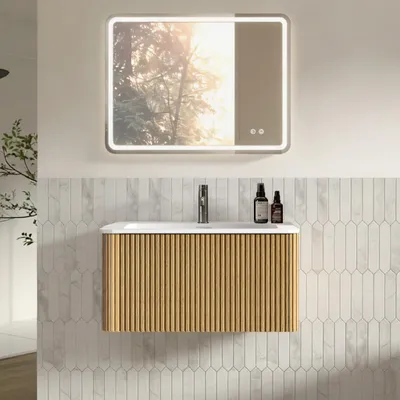 Imagen del producto de Conjunto de muebles de baño STILVORA, que incluye un lavabo con mueble inferior, un armario de baño de pared y un espejo LED sin marco, que se puede montar horizontal o verticalmente