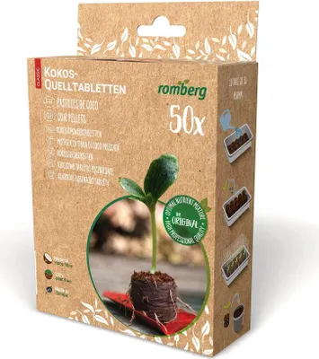Produktbild von Romberg Kokos-Quelltabletten für Pflanzenanzucht – 50 Stück, Ø 36mm Anzucht-Substrat mit leichter Start-Düngung, Perfekt für Kräuter, Blumen & Gemüse