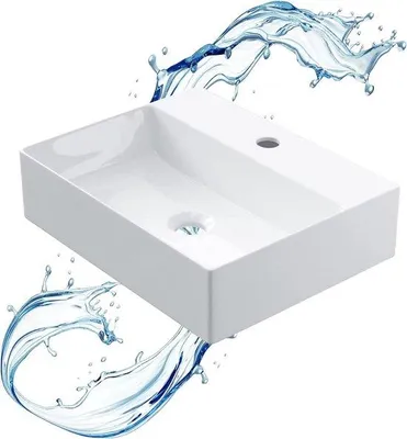 Obrázek produktu pro Keramické obdélníkové umyvadlo – bílé – s otvorem pro baterii – 46 x 36 x 12 cm – pro koupelnový a toaletní nábytek Umyvadlo