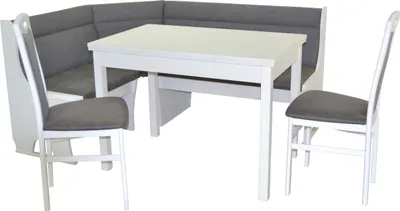 A white dining table with a grey corner bench and two chairs, set against a white background.