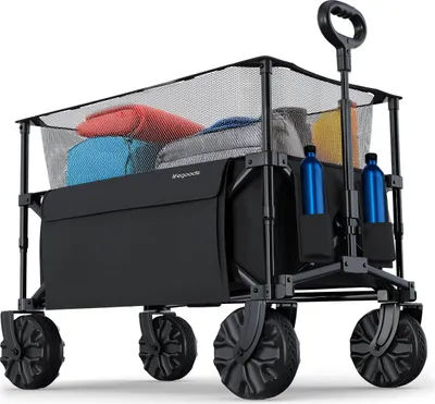 Produktbild von LifeGoods Bollerwagen Faltbar - 230 l Fassungsvermögen - 100 kg Tragkraft - Erhöhbar und mit Schutzhülle – Camping- und Festival-Handwagen, Schwarz