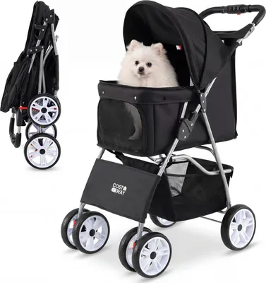Zdjęcie produktu dla Składany wózek dla psów COSTWAY, buggy dla psów z regulowanym daszkiem, okienkami z siatki, koszem i uchwytem na napoje, wózek dla zwierząt domowych, wózek dla kotów do 15 kg, czarny