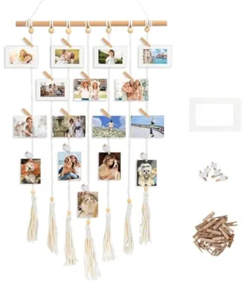 Produktbild von PromoHome® Holz Fotocollage Makramee Wanddekoration – 35 Clips & 5 Papierfotorahmen – Boho Fotovorhang – Hängender Fotohalter für
