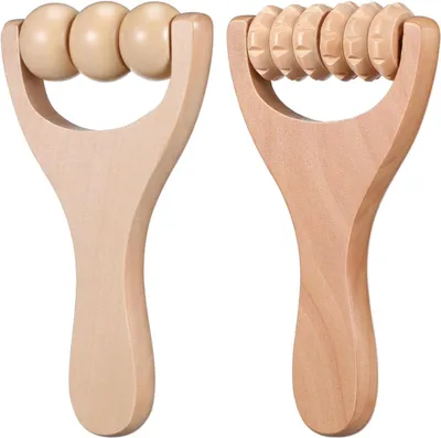 Produktbild von 2 Massageroller aus Holz, Anti-Cellulite-Massagegerät, Massageroller mit Griff, Faszienroller aus Holz, Gesichtsmassagegerät, Körpermassagegerät, aus Holz gefertigt, geeignet für den Rücken