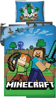 Zdjęcie produktu dla Halantex Pościel bawełniana 140x200 Minecraft niebieska poszewka na poduszkę 50x70 H2