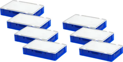 Produktbild von 7 Stück E1-Kasten in Blau mit 7 Deckel in Grau